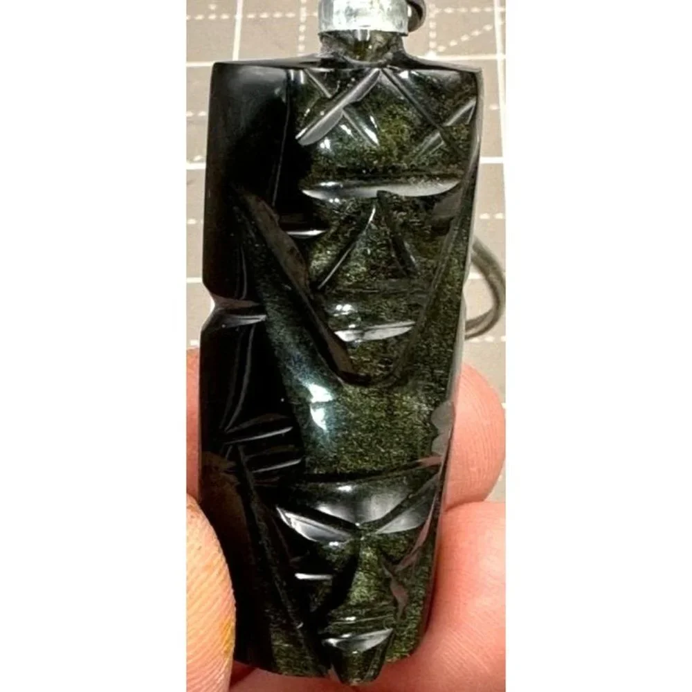 Carved Obsidian Aztec Mayan Tiki God Key Ring Pendant Figure